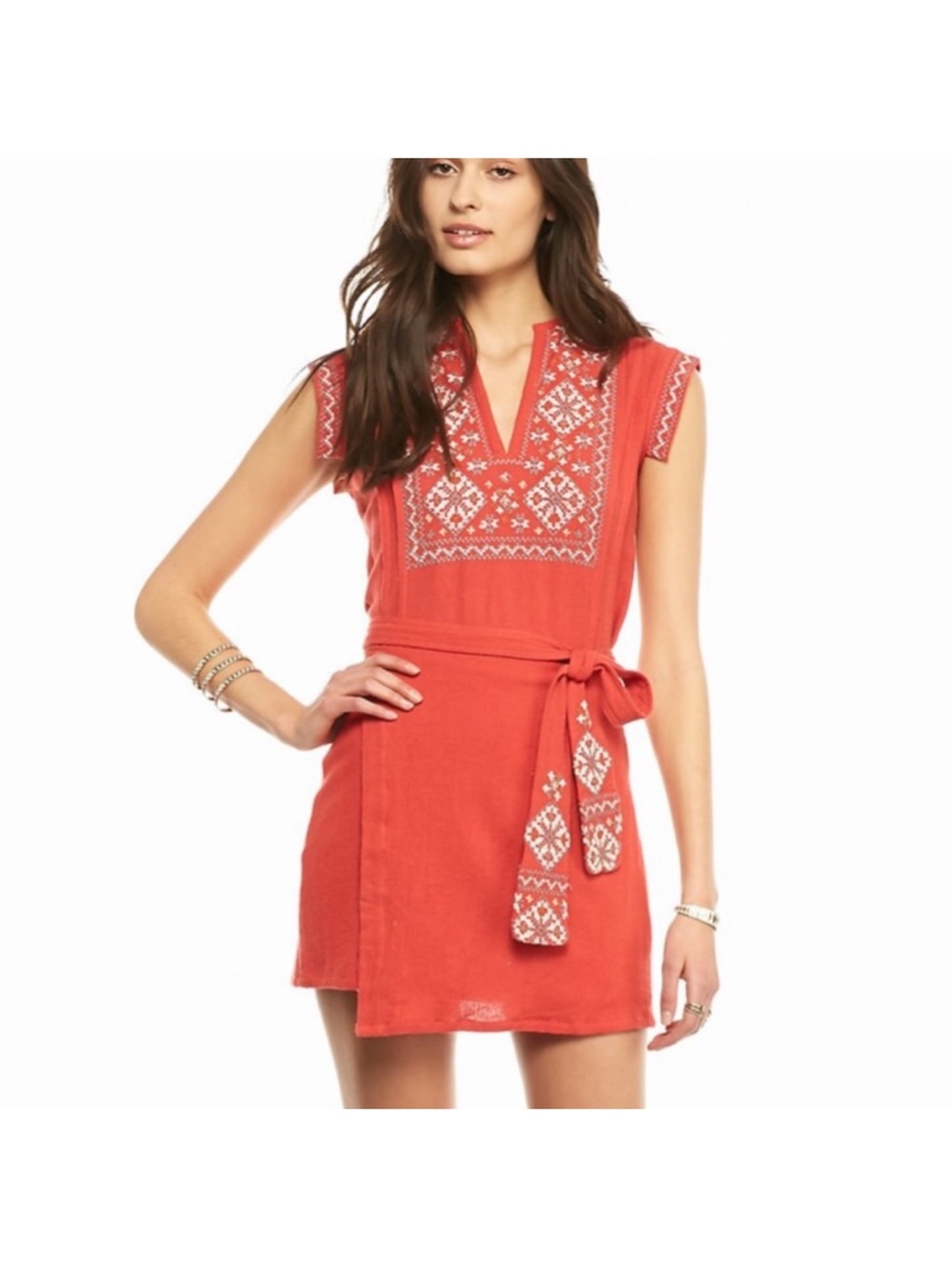 Free People FP Running Wild Embroidered Mini Dress Papaya/Clay Cross Stitch